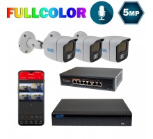 Комплект видеонаблюдения на 3 цилиндрические 5 Мп FULL COLOR IP-камеры SEVEN IP-7225W3FC-5MP