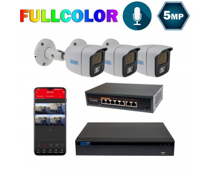 Комплект видеонаблюдения на 3 цилиндрические 5 Мп FULL COLOR IP-камеры SEVEN IP-7225W3FC-5MP